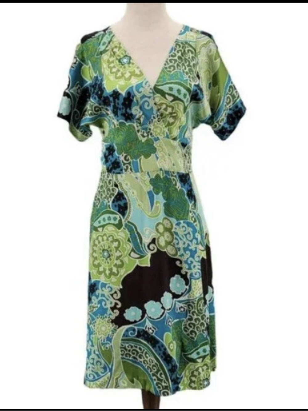 Banana Republic Silk V-Neck Boho Floral Green Wrap Dress